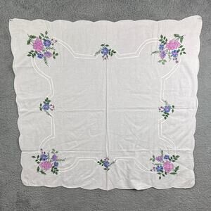 Vintage Embroidered Linen Blend Tablecloth Square Scalloped Edges Cottagecore